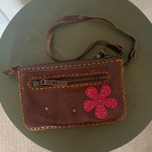 Brown Leather wallet/wristlet with Pink Flower Accent